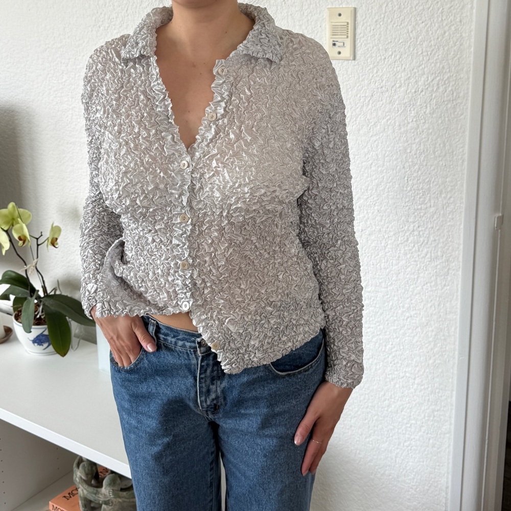 Silver Crinkle Button-Up Top - Women
